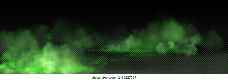 Green toxic smoke cloud with overlay effect on transparent background. Realistic haze of mystical atmospheric steam or condensation. Vector illustration of smoky mist or toxic vapor on floor.