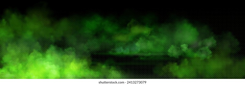 Green toxic smoke cloud with overlay effect on transparent background. Realistic haze of mystical atmospheric steam or condensation. Vector illustration of smoky mist or toxic vapor on floor.