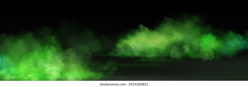 Green toxic smoke cloud with overlay effect on transparent background. Realistic haze of mystical atmospheric steam or condensation. Vector illustration of smoky mist or toxic vapor on floor.