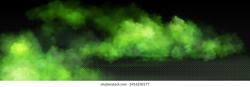 Nube de humo tóxico verde con efecto superpuesto sobre fondo transparente. Niebla realista de vapor atmosférico místico o condensación. Ilustración vectorial de niebla humeante o vapor tóxico en el suelo.