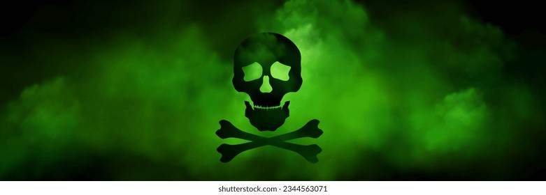 Green toxic smoke cloud with skull sign background. Bad poison smell realistic vector background. Fart odor smog effect. Floating danger stench and spooky attention symbol halloween illustration