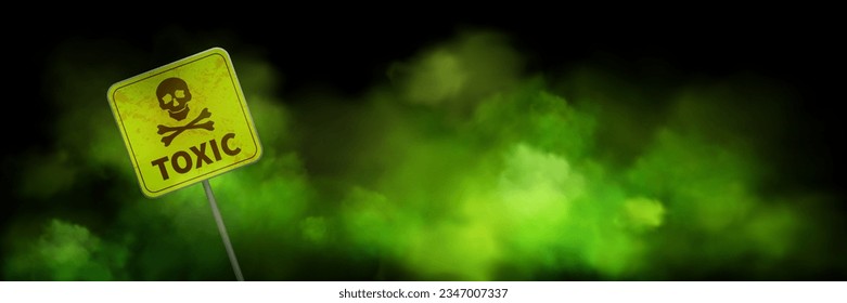 Green toxic smoke cloud with warning sign background. Bad gas smell and fog effect realistic vector. Horror and dirty chemical smog halloween pattern. Poison haze spray border and attention emblem
