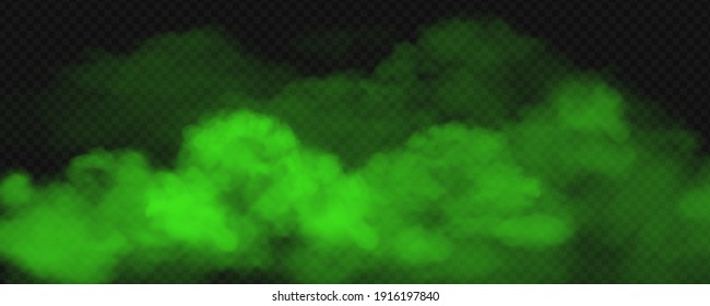 Green toxic smoke fog. Vector realistic illustration of big stink poison clouds, chemical vapour wave or magic green mist. Unpleasant bad smells gas on transparent background