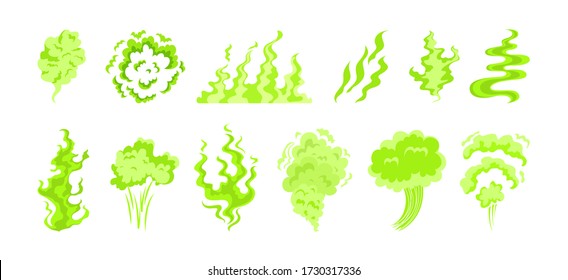 Green toxic smoke set. Smelly steam, stinking gas cloud, odour, fart. Vector illustration for bad smell, air pollution, stinky concept