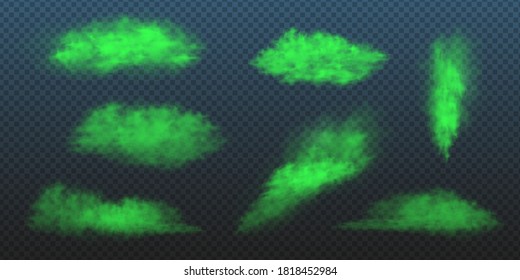 Green toxic smokes set. Vector realistic illustration of stink poison clouds, looking like fart, chemical vapour or bad odor breath. Collection of unpleasant bad smells on transparent background