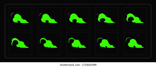 Green toxin explosion animation. Cartoon green explosion effect sprites sheet for torch, campfire, video games, cartoon or animation. Vector fire frame.