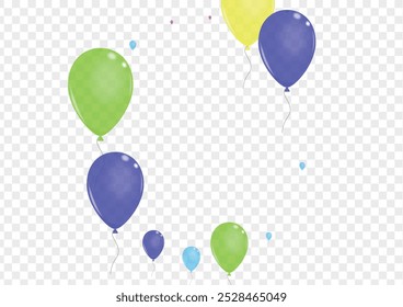 Green Toy Background Transparent Vector. Ballon Birthday Border. Purple Event. Colorful Helium. Surprise Anniversary Set.