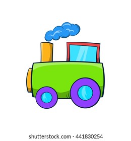 Green toy train icon in cartoon style on a white background