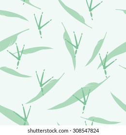 Green Trace of Birds and Feathers, Seamless Vector Pattern. Pastel Color Background.