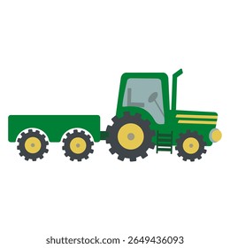 Green tractor with big wheels and cart for transporting crops. Vector illustration of rural vehicle on white background.