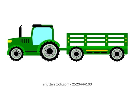 green tractor clip art isolated in white background. agricultural vehicle. green tractor with empty green wagon vector illustration