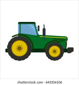 Green Tractor Flat Vector Illustration. Heavy Farm Machinery For Field Work. Green Tractor Side View Isolated On White Background