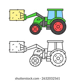Green tractor hay loader. Linear icon in color