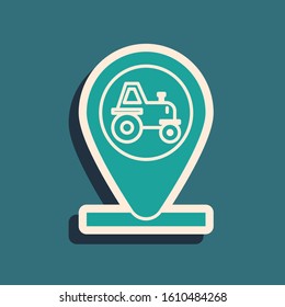 Green Tractor and location icon isolated on blue background. Long shadow style. Vector Illustration