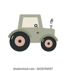 Green tractor on white background. Isolated vector illustration in flat cartoon style. For fabric, wrapping, cards, textile, wallpaper, apparel.