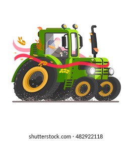 Green tractor set. Agricultural transport. Big wheels. Self-moving car. Farmer equipment. Vector car. Truck tractor. Industrial vehicle