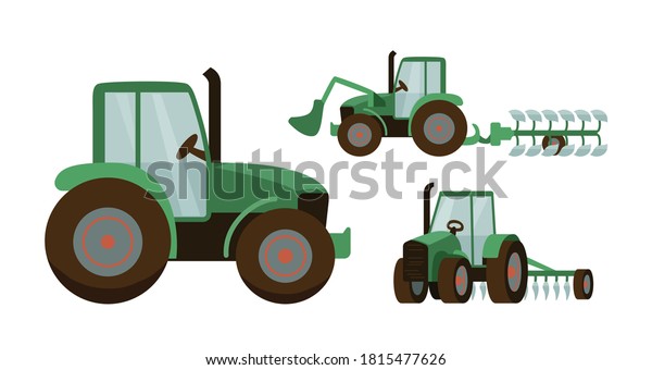 Green tractor set vector\
illustration. Agrimotor with bucket and plow. Isolated on white\
background.