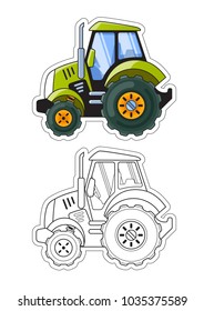 Green Tractor Side View Coloring Book. Colored version and line art.