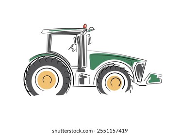 Green tractor side view, isolated vector line art drawing illustration. Farming, field work, agriculture