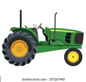 Green tractor a side view on white background