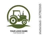Green tractor stands centered within a circle, symbolizing agriculture and farming, with space for a custom logo and tagline below, creating a clean, rural aesthetic.