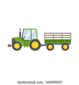 green tractor with trailer for farming icon isolated on white background,flat design vector illustration