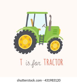 Green tractor with trailer. Vector eps 10 illustration isolated on white background.