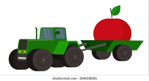 A green tractor transporting an apple on a cart. Vector illustration.