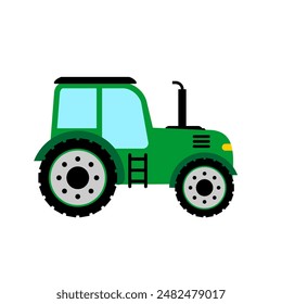 Green tractor vector on white background. Agricultural tractor side view. Agricultural machinery in flat cartoon. Clip art transportation for kids edcation or social media post