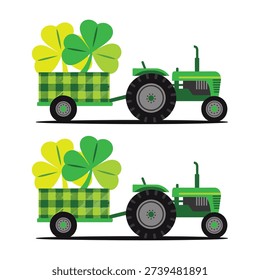Green tractors with trailers full of shamrocks, Saint Patrick day parade float graphic, farming celebration badge, Irish country fair design