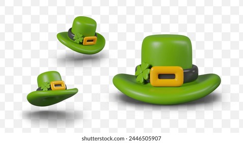 Green traditional leprechaun hat with gold buckle and four leaf clover