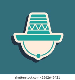 Green Traditional mexican sombrero hat icon isolated on green background. Long shadow style. Vector