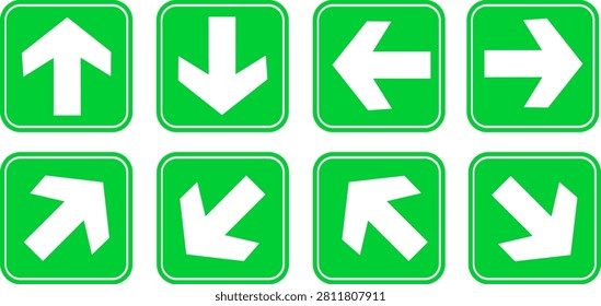 Green traffic directional arrow sign boards, white arrow symbols pointing in eight directions, safety road signs vector flat set