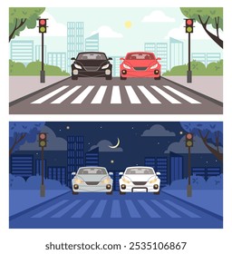 Semáforo verde. Los autos se detienen frente a un paso de peatones. Leyes de Tránsito. Movimiento seguro en las calles de la ciudad día y noche. Paisaje de la ciudad. Verano. Anuncios Horizontales. Ilustración vectorial.