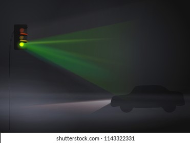 Green Traffic Light in Night, Foggy Background Vector