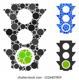 Green traffic lights composition for green traffic lights icon of filled circles in various sizes and color tinges. Vector filled circles are composed into blue composition.