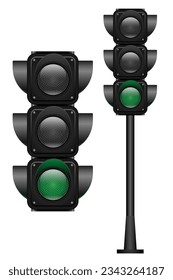 Green traffic Lights with a single color on. Realistic vector illustration isolated on white background. 3D EPS10.