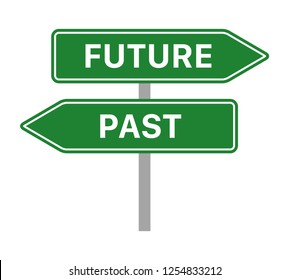 Green traffic sign concept with arrows pointing to the future and past flat vector icon for apps and websites