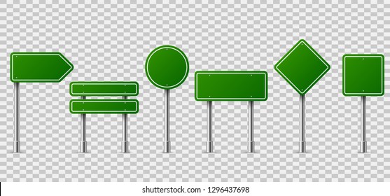 Green traffic signs. Blank horizontal warning danger way destination and stop city signage on metal steel pole isolated vector set