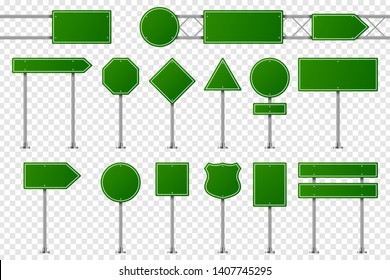 Green traffic signs. Blank road board for warning, indicating direction, prohibition signage and arrow way on highway or city. Vector illustration.