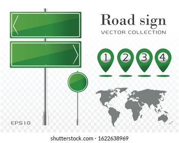Green traffic signs. Road board text panel and  world map icon with pin pointer location isolated on transparent.  vector illustration