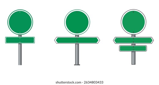 Green traffic signs. Road board text panel, mockup signage direction highway city signpost location street arrow way vector set 