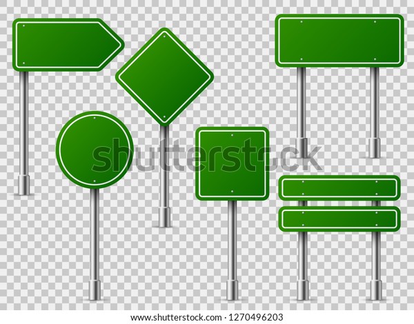 Green traffic signs. Road board text panel, mockup\
signage direction highway city signpost location street arrow way\
vector set