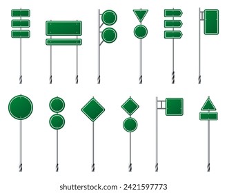 Green traffic signs set. Road board text panel, mockup signage, direction highway city signpost location street way. Isolated information sign. Blank board with place for text. Vector illustration