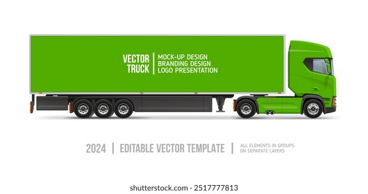 Green Trailer Truck Side view blank mockup. Cargo Truck with space for text or your branding design - editable vector template. Green semi truck trailer for horizontal AD banner and vehicle branding