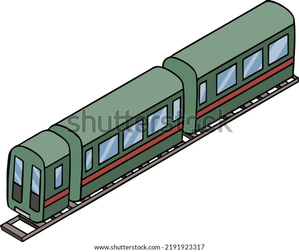 green train\
carriages on rails vector\
illustration