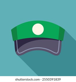 Green train conductor hat casting a long shadow on a teal background, perfect for representing transportation or travel