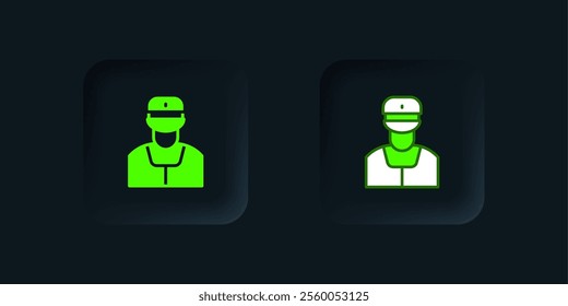 Green Train conductor icon isolated on black background. Black square button. Vector