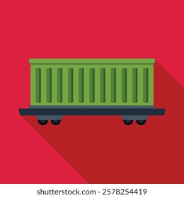 Green train freight wagon is transporting goods across the country on a railway