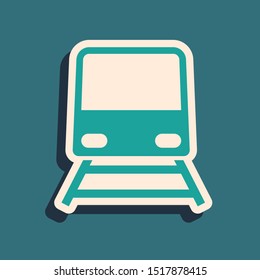 Green Train icon isolated on blue background. Public transportation symbol. Subway train transport. Metro underground. Long shadow style. Vector Illustration